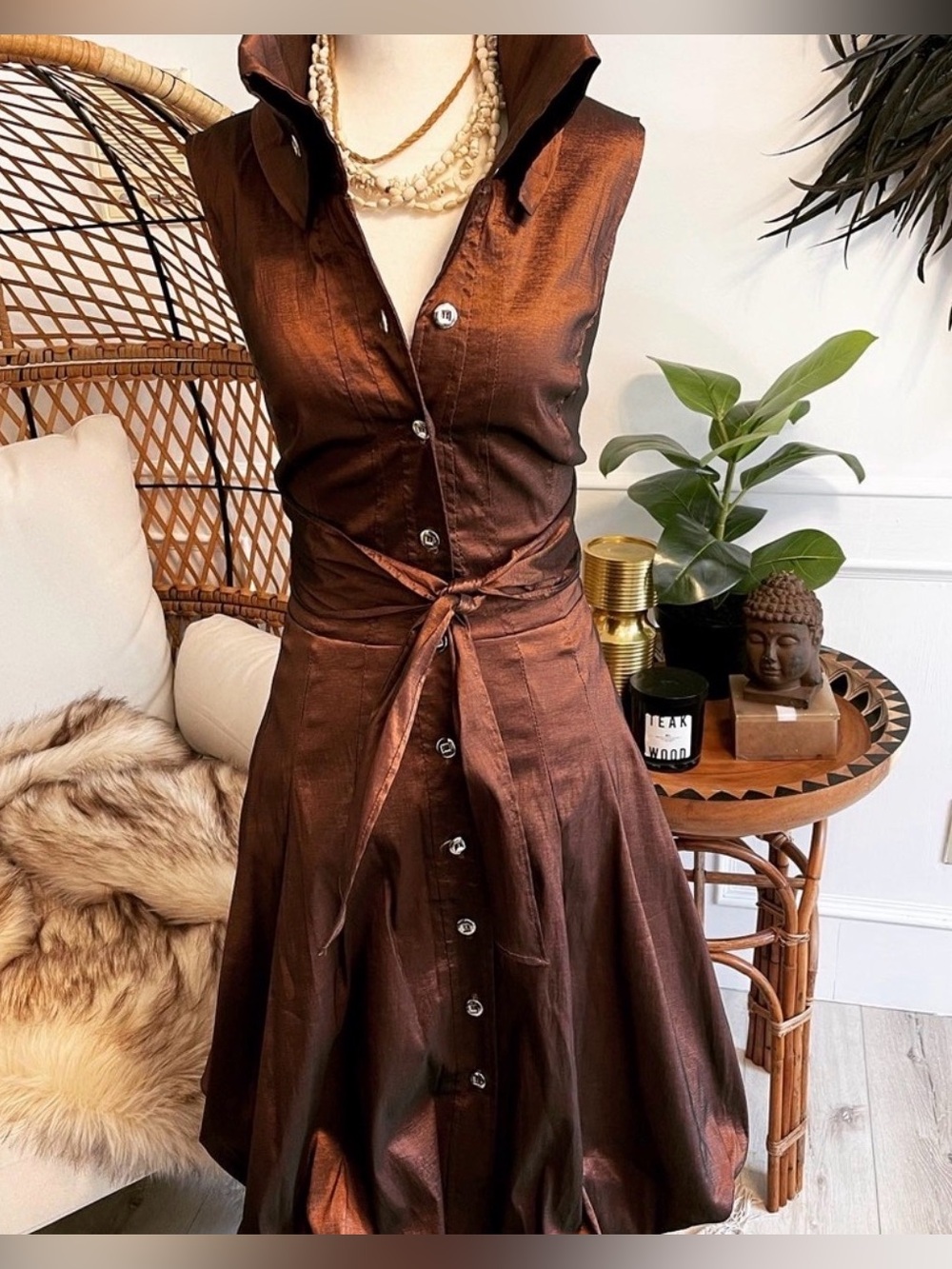 Frank Lyman Design Copper-Brown Satin Midi Dress Sz 10. 20”-21” pit